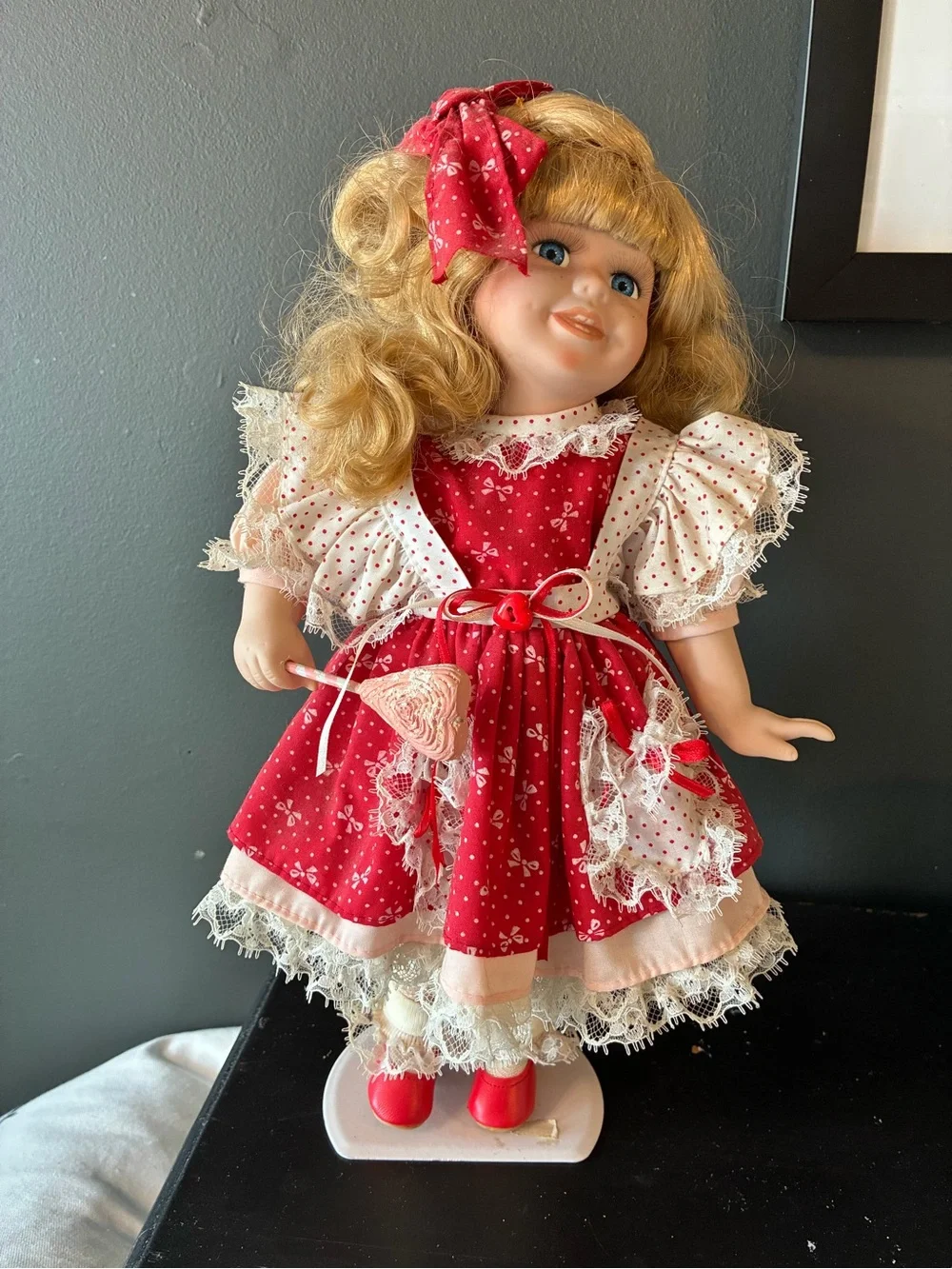 Vintage Red Polka-Trim Girl porcelain Doll with Blonde Hair